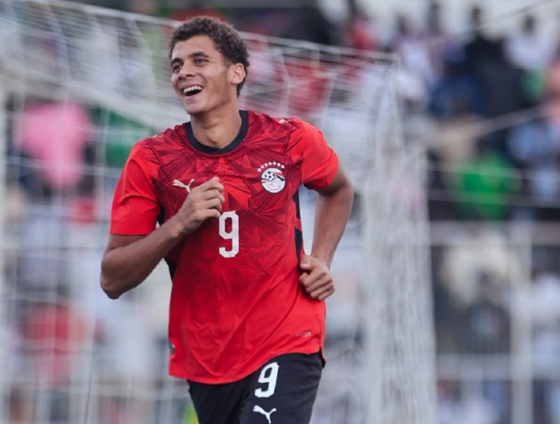 Egypt's Hamza Abdelkarim celebrates after scoring against South Sudan.